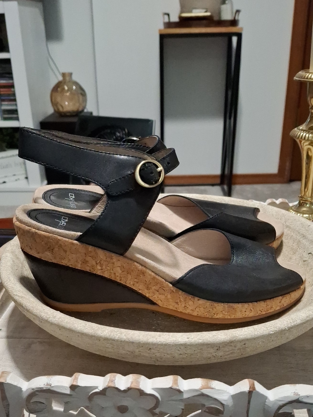 Dansko Charlotte Black Cork Wedge Sandals with Ankle Buckle Size 39